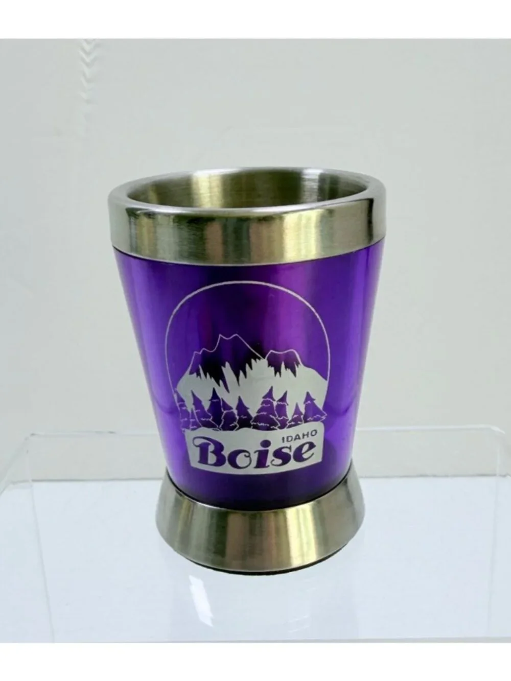 Boise Idaho Shot Glass Stainless Steel Mountain Trees Purple Souvenir Barware